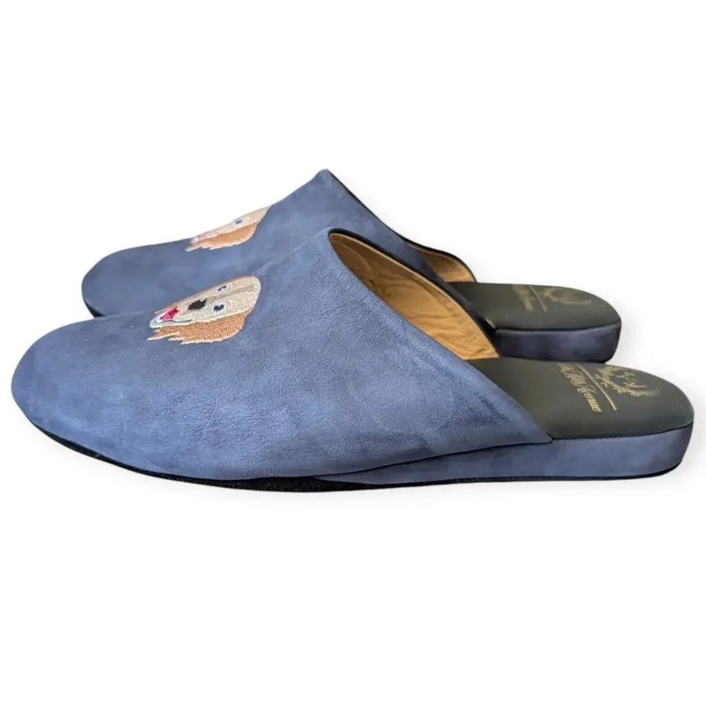 Del Toro x Saks Fifth Avenue Dog Embroidered Navy Blue House Slippers Mens 10.5